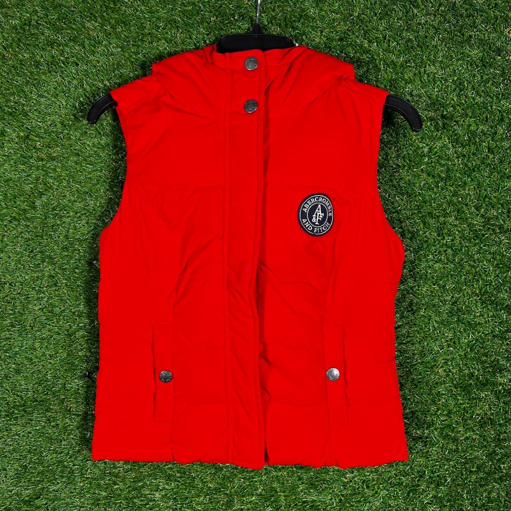 Abercrombie & Fitch Red Puffer Vest XS Hooded Faux Fur Lined Snap Front